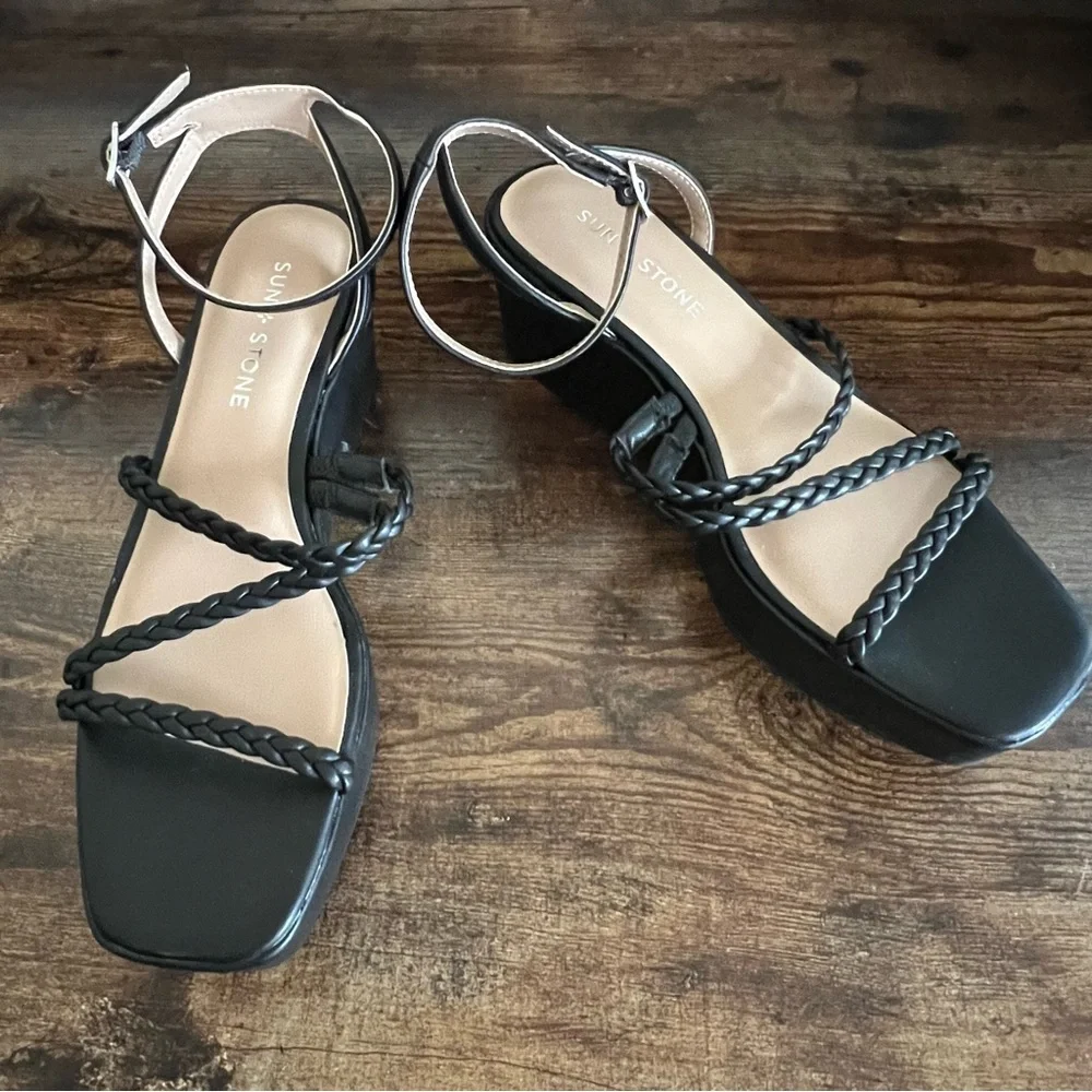 Sun + Stone Alyssaa Black Platform Wedge Braided Straps Ankle Strap‎ Women's 8